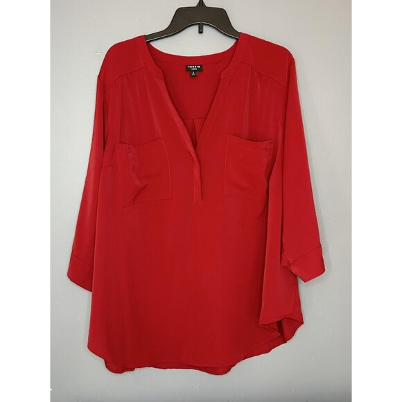 Torrid Harper Blouse Womens 3X Red Split Neck Roll Tab Sleeve High Low Hem - Picture 9 of 14
